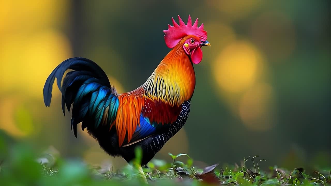 Vibrant rooster in full color. A rooster stands proudly with bright plumage, basking in the warm glow of the setting sun, surrounded by greenery.