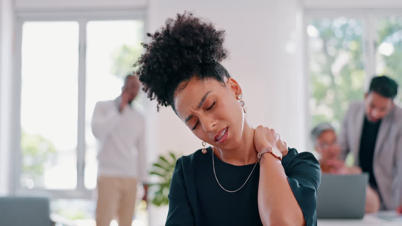 Business, black woman and neck pain in office