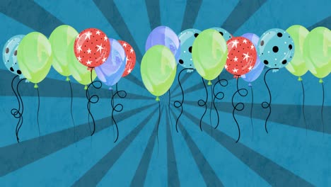 Animation-Von-Bunten-Luftballons,-Die-über-Blauen-Hintergrund-Fliegen