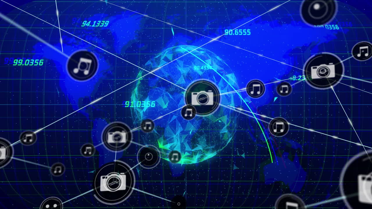 Animation of digital network with icons and data points over blue globe