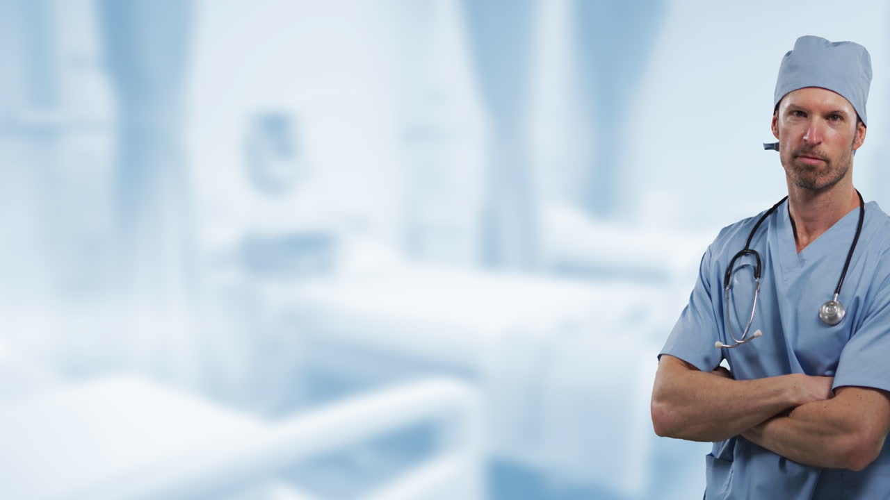 Animation of smiling caucasian male doctor over hospital