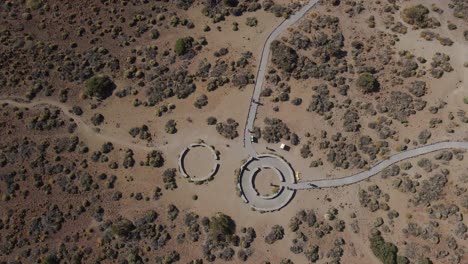 Aerial-top-view-of-Roques-de-García-and-the-gathering-circles-on-Tenerife-the-Canary-Islands,-Spain