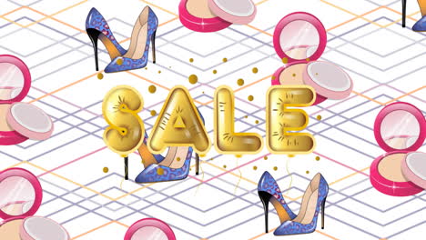 animación de texto de venta y iconos de artículos de moda sobre fondo blanco