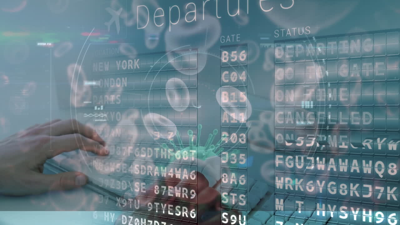 코로나 19 비행기 출발 보드 위에 떠다니는 셀 컴퓨터를 사용하는 사람의 중간 섹션에 대해