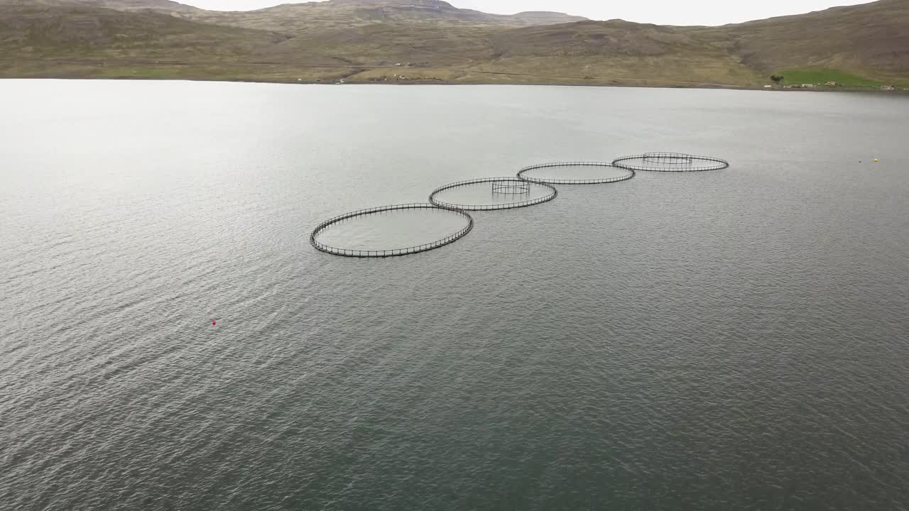 Aerial View of Fish Farms in a Fjord