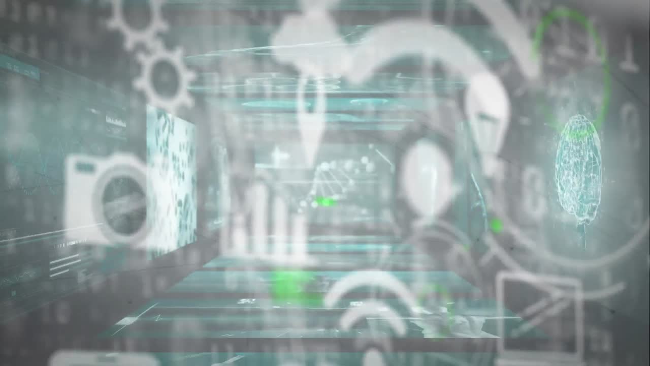 파란색 공간에서 다양한 기술 아이콘의 애니메이션