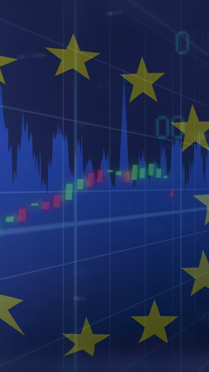 Animazione di elaborazione dati su bandiera UE