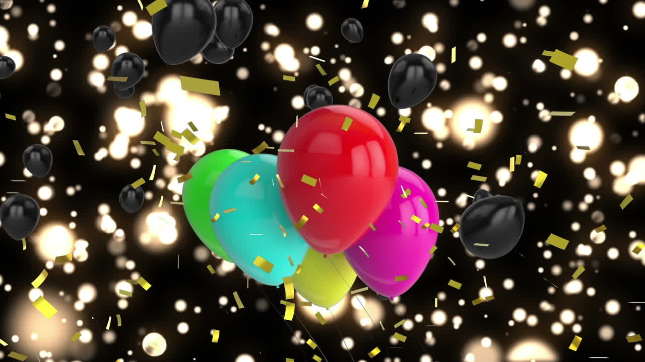 animación de confeti cayendo y globos multicolores volando sobre un fondo negro