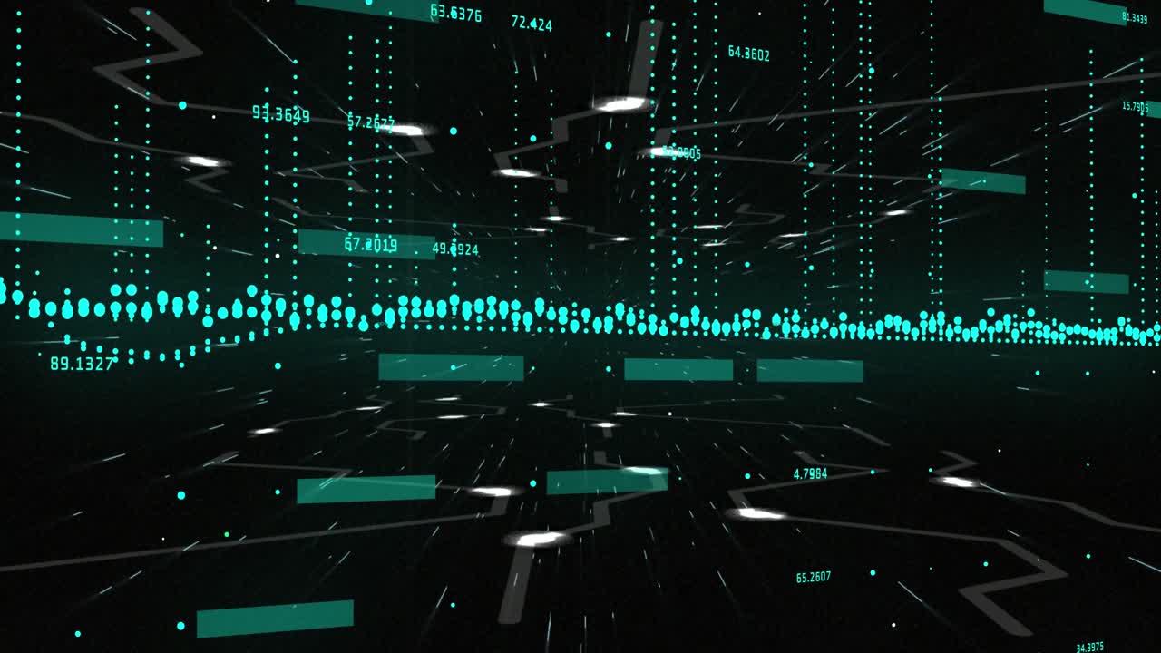 Animation of graph and data processing over white ufos moving on black background