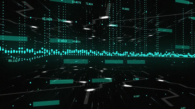 Animation of graph and data processing over white ufos moving on black background