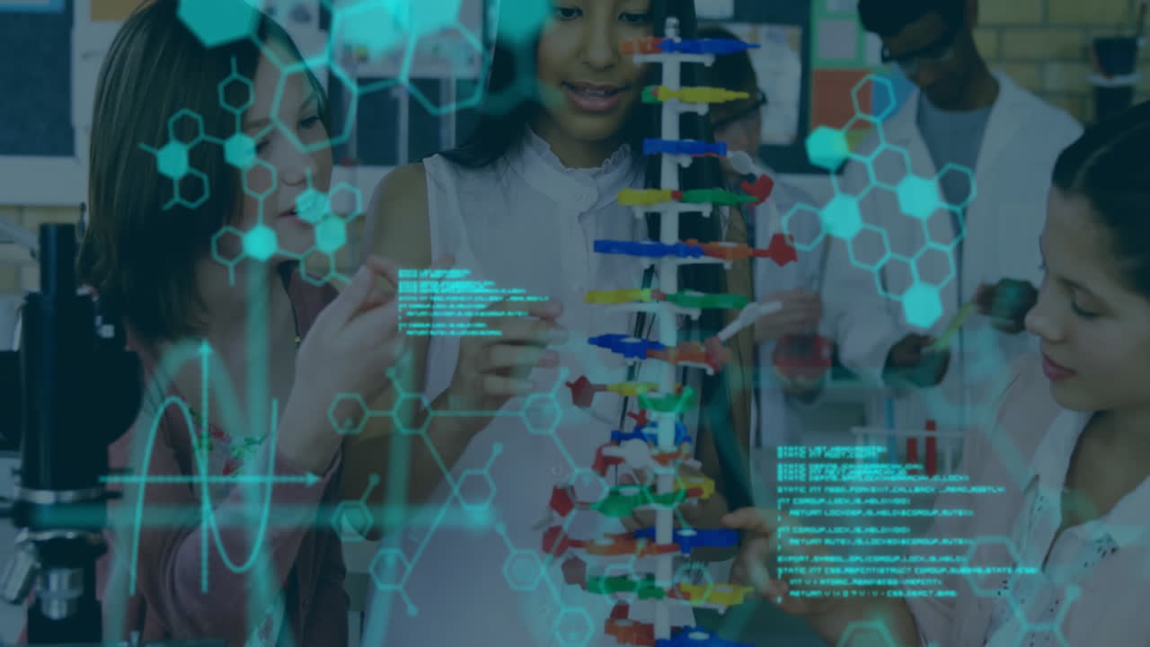 animación del procesamiento de datos científicos sobre diversos científicos en el laboratorio