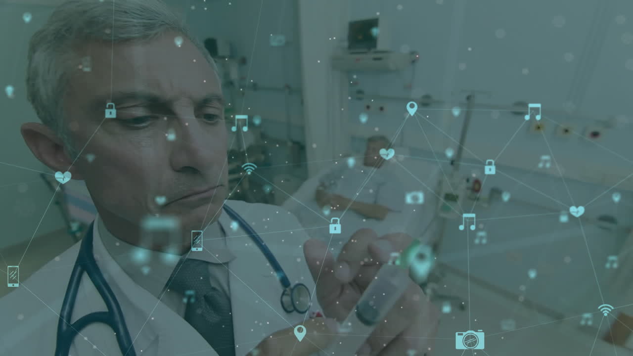 animación de una red de iconos de los medios sobre un médico caucásico con una jeringa y un paciente
