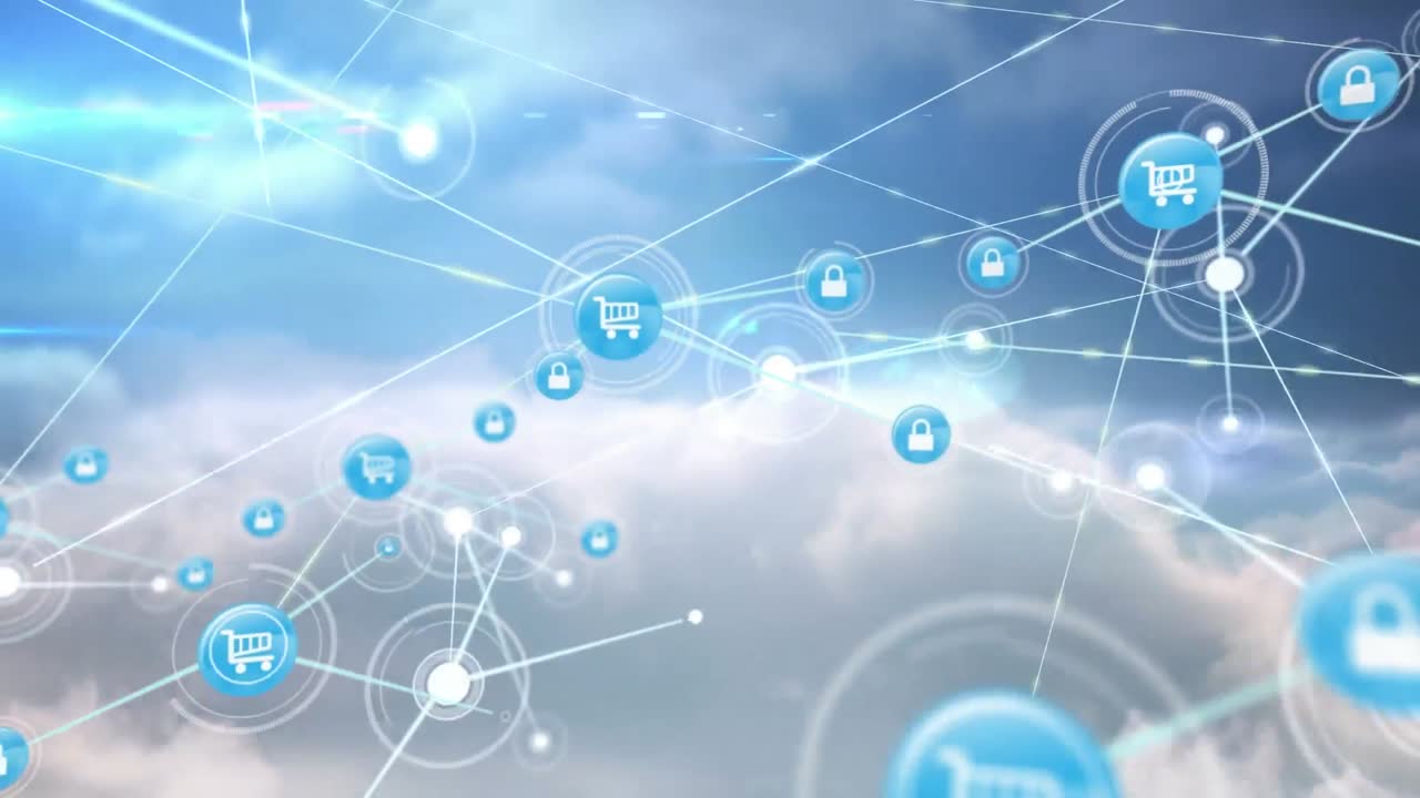 하늘 위의 아이콘으로 연결 네트워크의 애니메이션