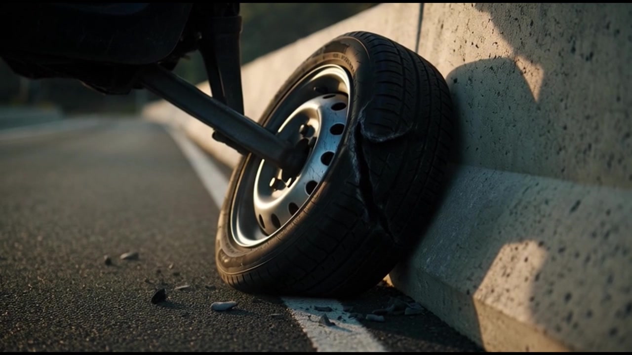 Damaged Car Tire Pressed Against Concrete Road Barrier After Accident