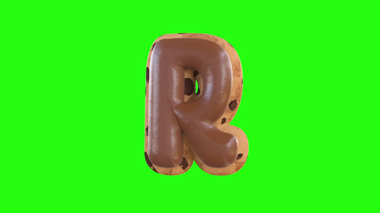 Animazione 3D della lettera R che ricrea un biscotto con cioccolato sopra