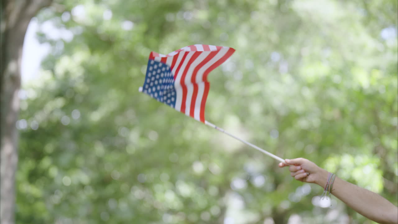 American flag waving in slow motion with trees in background