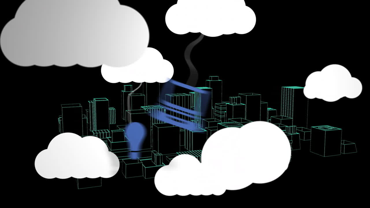 Cloud computing animation over digital cityscape with lightbulbs and computer icons
