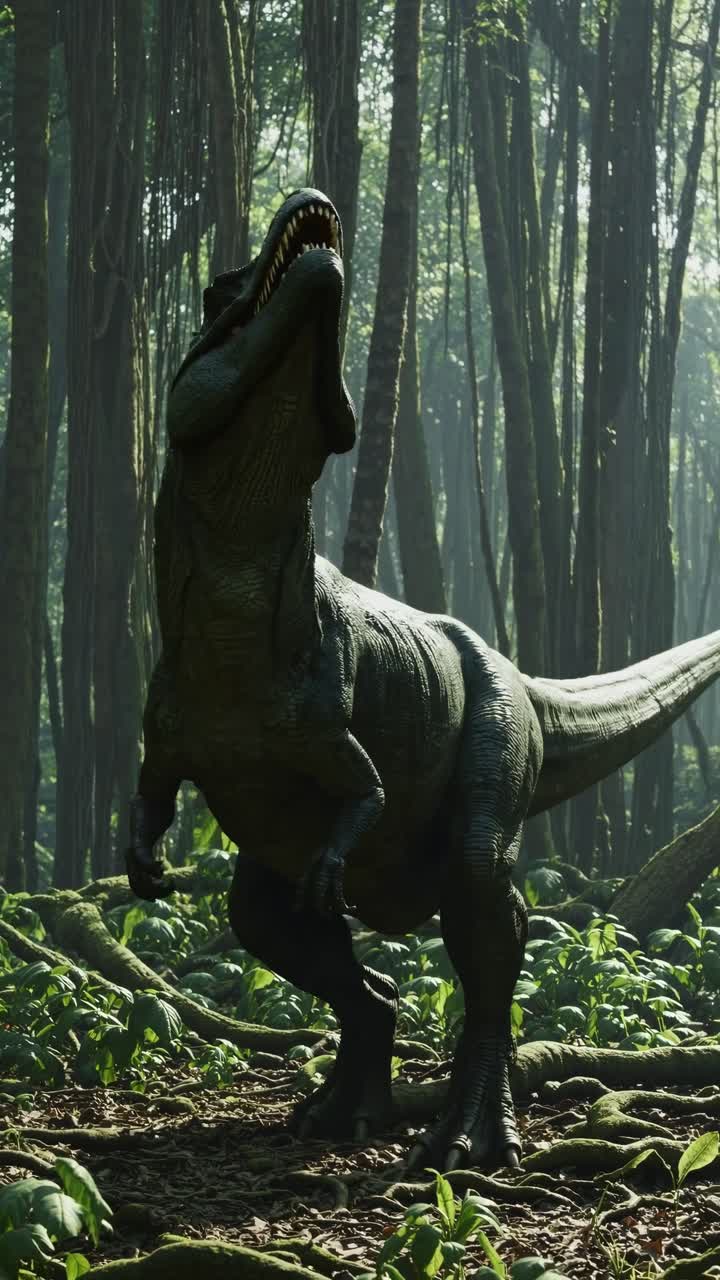 Powerful Tyrannosaurus Rex Roaring in a Lush Prehistoric Jungle