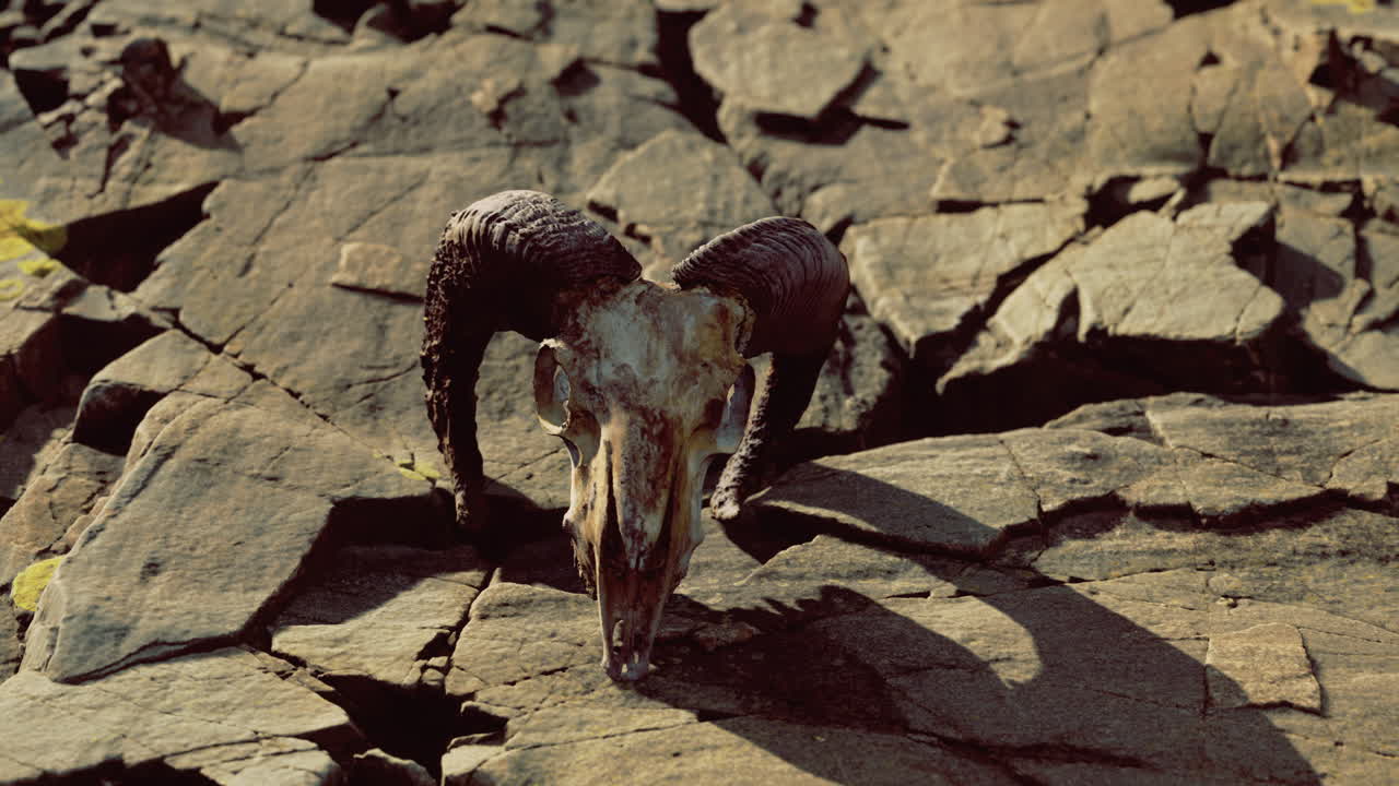 양의 두개골은 자연적인 환경에서 밝은 빛 아래 바위 지형에 고 있습니다.