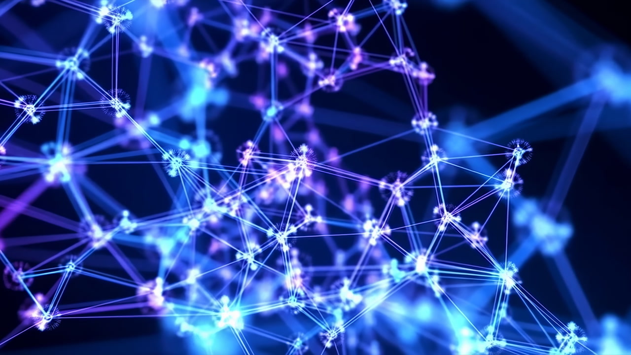 Glowing Neural Network Of Luminous Nodes, Intricate Web Of Connections Pulsing With Blue And Purple Light,