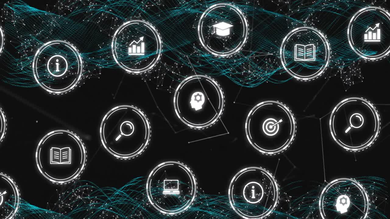 Animation of falling education icons over network of connections on dark background