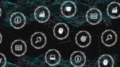 animation of falling education icons over network of connections on dark background