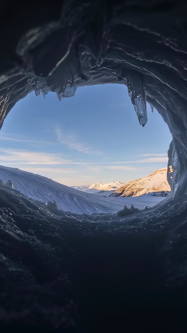 Video verticale: la telecamera si allontana mostrando una bocca di ghiaccio con stalattiti pendenti per rivelare vette illuminate dal sole