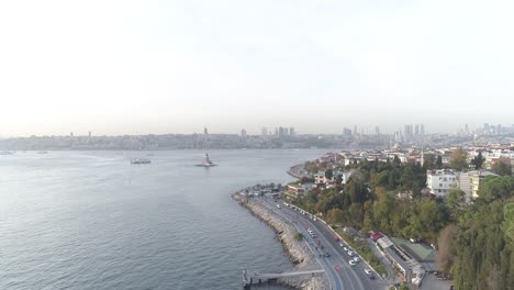 view from üsküdar harem coastal road to maiden's tower with drone