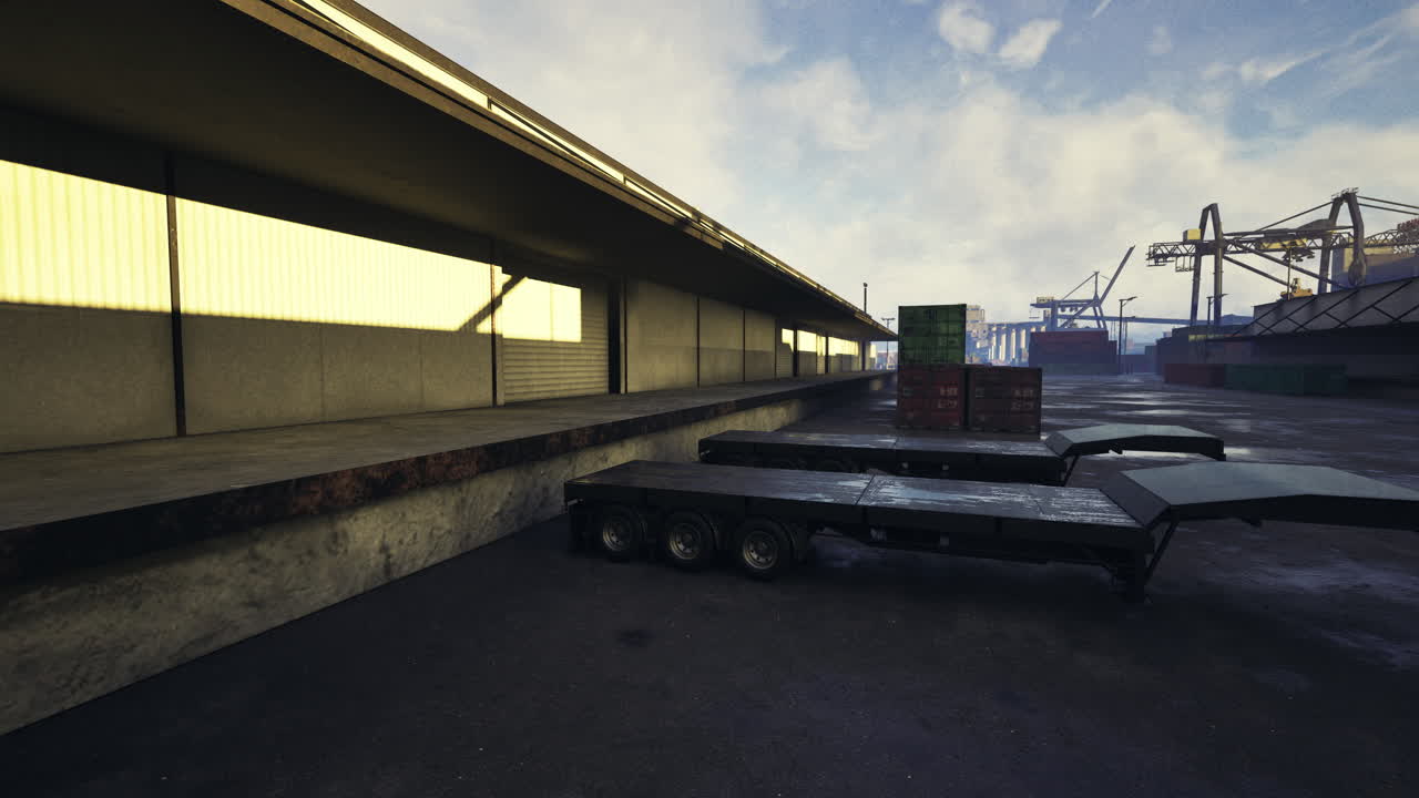 Cargo trucks parked at a warehouse near a busy shipping port during the day