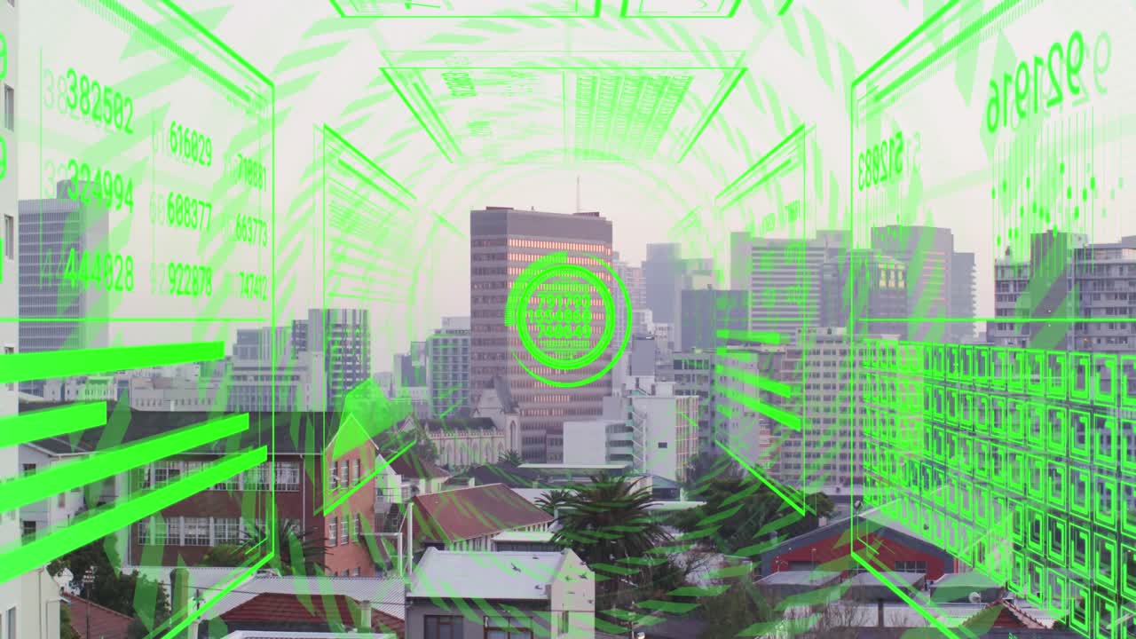 animación de una joya azul brillante sobre el paisaje urbano púrpura