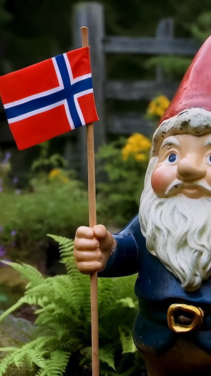 Vertikal video: Vind som blafrer i Norge-flagg, kamera panorerer og viser ansiktet til en hagenisse med hatt i hagen, tekstplass