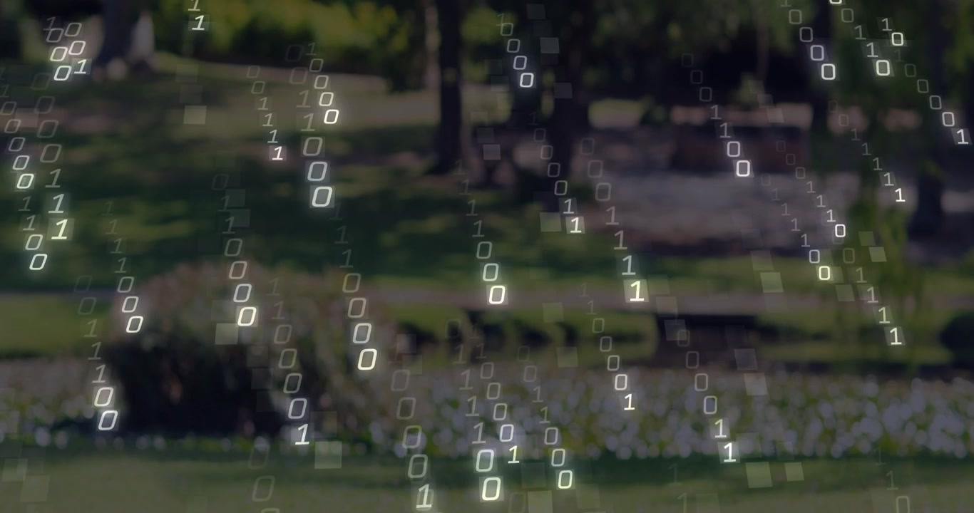 Glowing binary squares appearing, multiplying and falling diagonally, showing data flow over park