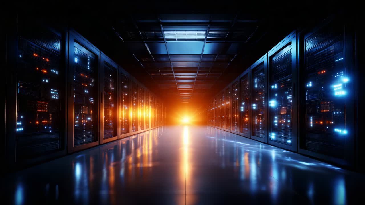 A Stunning Visual of a Modern Data Center with Server Racks Illuminated by Vibrant Blue and Orange Lights, Creating a Futuristic Atmosphere as the Glow of Technology Fills the Room