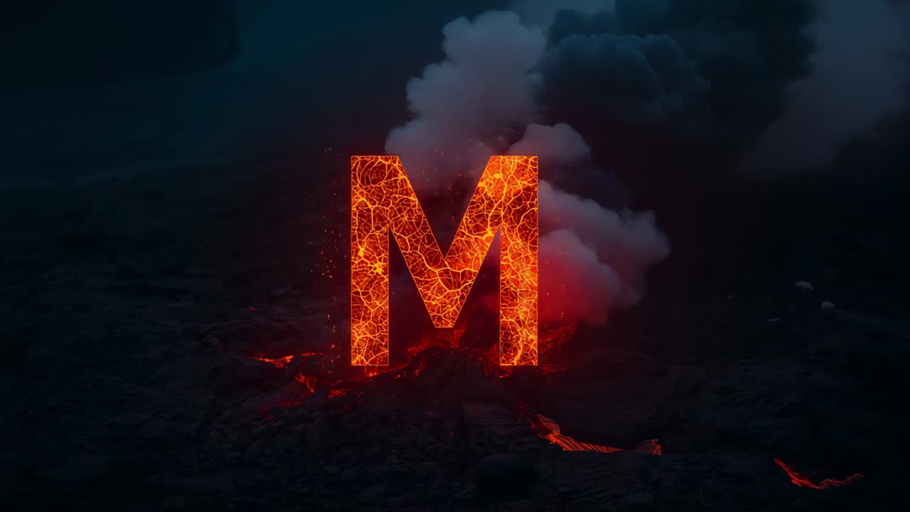 Molten letter M materializing in volcanic plain at night, triggered by fissure glow and smoke plume