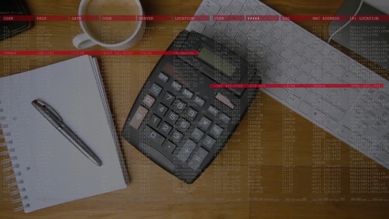 Calcolatrice nera che rimane centrata mentre la telecamera si allontana rivelando la scrivania, barre rosse scorrono il codice per la scansione.