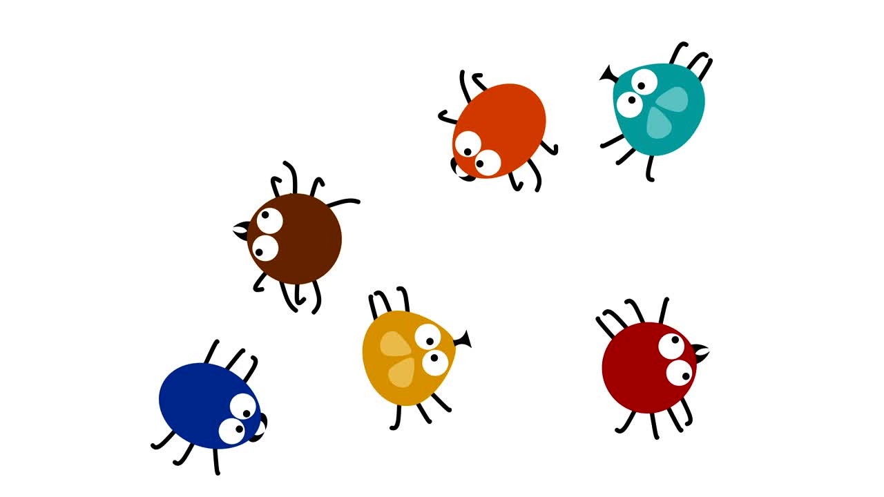 색에서 기어다니는 재미있는 색의 곤충, 2d 애니메이션, 원활한 루프