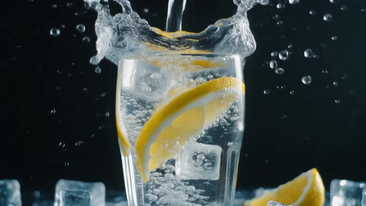 Sparkling Water Pouring into a Glass with Lemon Slices and Ice