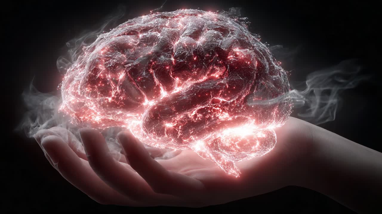 A hand cradles a glowing, luminous brain, symbolizing the intricate connection between human intellect and consciousness, radiating energy and thought
