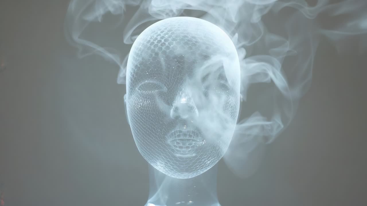 Verwehter Rauch aus einer Nebelmaschine, der in einem grauen Studio einen Kopf einer Schaufensterpuppe aus Glas umkreist und ein Hex-Mesh zeigt