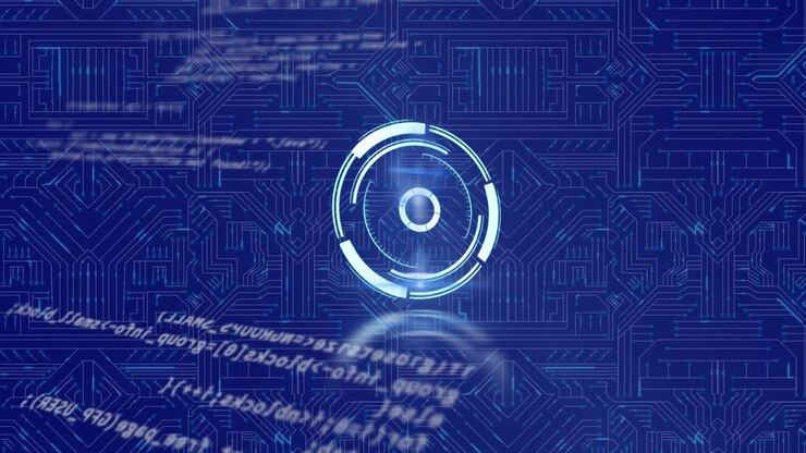 Animation of processing circle over diverse data and integrated circuit on blue background