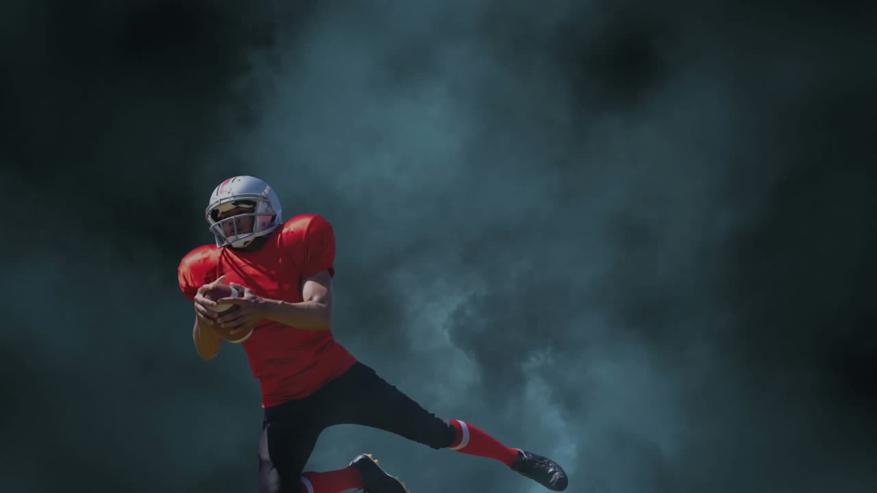 Animation of caucasian male rugby player catching the ball against copy space on dark clouds