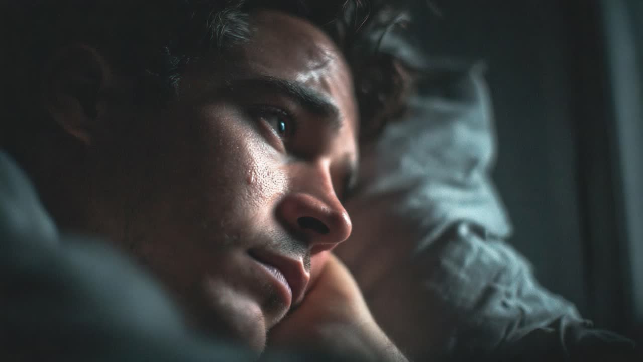 A contemplative moment captures a young man's transition from deep thought to peaceful slumber, illustrating the emotional journey from wakefulness to restful sleep