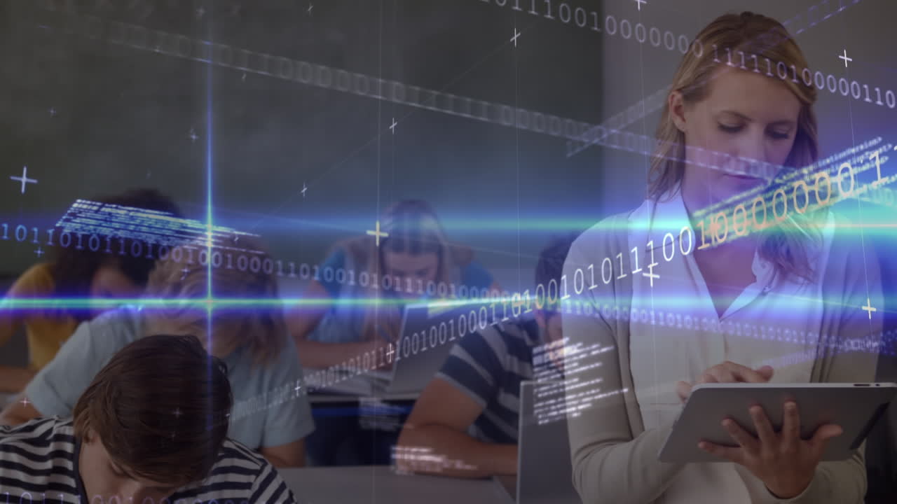 animación de datos sobre maestras caucásicas con tableta y clase de alumnos diversos