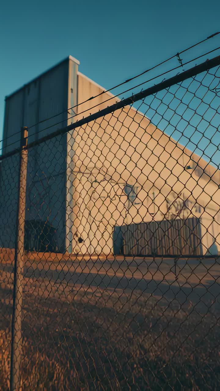 Vertical video: Shifting camera revealing chain-link fence at service yard, with dumpster and vents