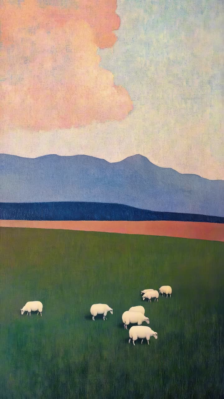Concepto de vídeo surrealista con ovejas pastando en un extenso campo verde, capturado desde un ángulo superior