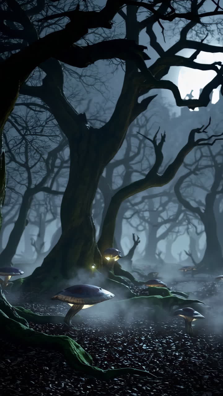 A Cloaked Figure Journeys Through a Mystical, Moonlit Forest with Glowing Mushrooms