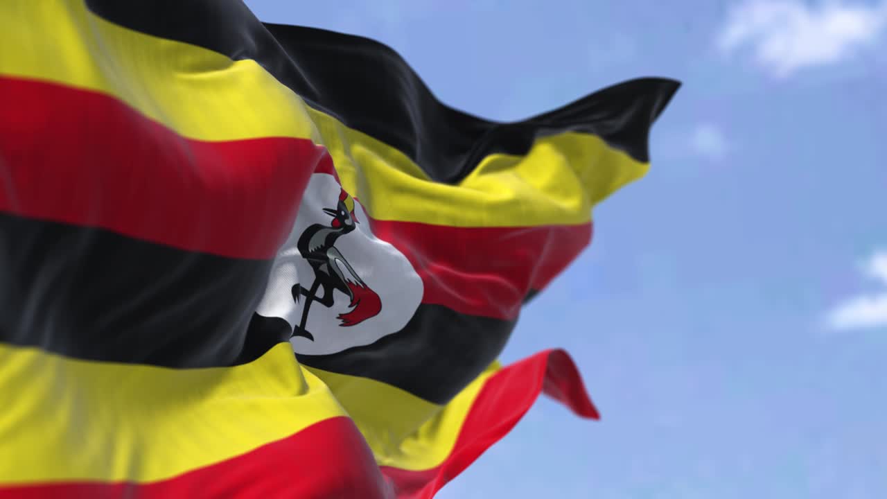 은 날 바람에 흔들리는 우간다 국기 상세한 모습