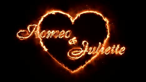 a burning heart with the text "romeo and juliette". seamless loop animation