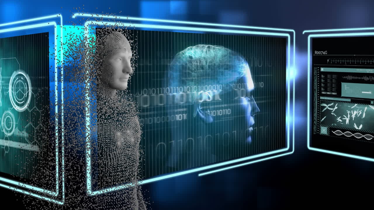 pantallas con procesamiento de datos y cuerpo humano