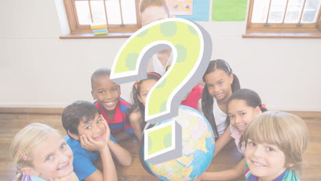 animación de signos de interrogación sobre diversos escolares y maestros en el aula